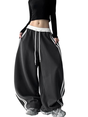 WANLAI Pantaloni da jogging da donna, Y2K, per adolescenti, sportivi, vintage, a gamba larga, per il tempo libero, con tasche, grigio., M
