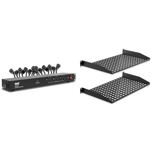 Pyle 19 Outlet 1U Rackmount PDU Power Strip with 2-Pc 1U Server Rack Shelf for Ventilation, Heavy-Duty Metal Construction, 19