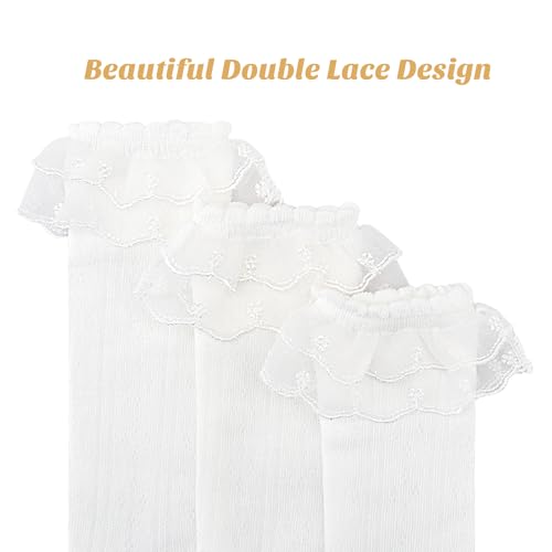 Meeshine 5 Pack Baby Girls Knee High Socks Infants Toddler Eyelet White Cotton Ruffle Mesh Double Lace Long Stockings 1-5T4