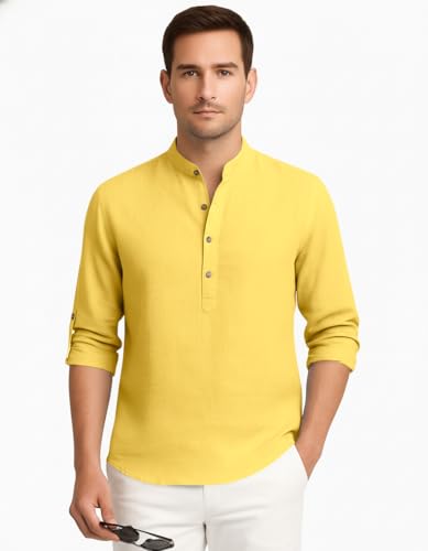 Image of Zombom Men's Cotton Blend Kurta Shirt with Full Sleeves Mandarin Collar Neck Solid Pattern for Men Regular Fit Ethnic Wear Casual Festive Top Modern Style | Cotton Shirt for Mens