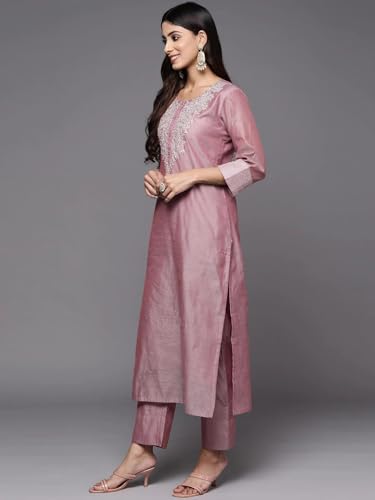 Image of Royal Export Women's Poly Silk Embroidered Yoke Design Kurta Pant Set with Dupatta