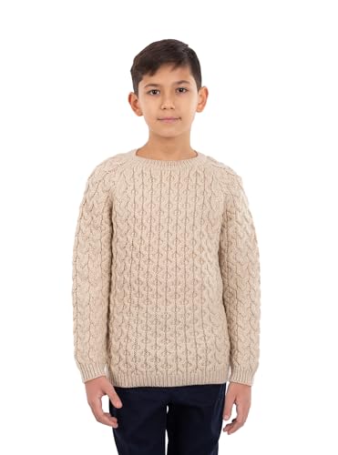 SAOL Classic Aran Cable Sweater for Kids: Crew Neck, 100% Merino Wool Celtci Knit Made in Ireland