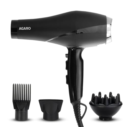 Image of AGARO HD-1120 2000 Watts Professional Hair Dryer with AC Copper Motor, Concentrator, Diffuser, Comb, Hot & Cold Air, 2 Speed 3 Temperature Settings with Cool Shot, For both Men & Women, Black