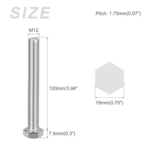 Image of METALLIXITY Hex Bolts (M12-1.75x100mm) 2Pcs, 304 Stainless Steel Coarse Fully Threaded Hex Head Screw Bolt Machine Screws - for Furniture Repair, Silver