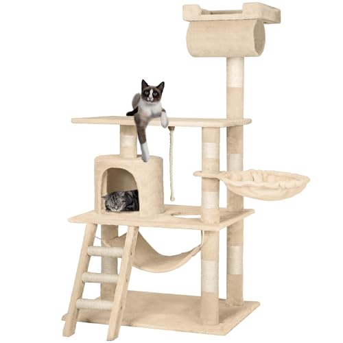 tectake® Multi-Level Cat Tree with Sisal Scratching Posts, Soft Plush Cover, Cosy House, Hammock, Tunnel, Bed, Ladder & Play Rope - 141cm Cat Tower with Anti-Tip Protection - Beige