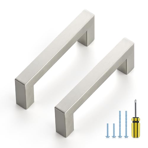 Image of Ravinte 5 Pack Kitchen Brushed Nickel Cabinet Handles 3-1 /2 Inch Hole Center Stainless Steel Square Cabinet Pulls for Dresser Drawer Cupboard Handles with Screwdriver