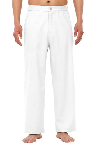 Men's Drawstring Loose Linen Beach Pants Lightweight Elastic Waist Yoga Lounge Cotton Trousers Pajamas B White S