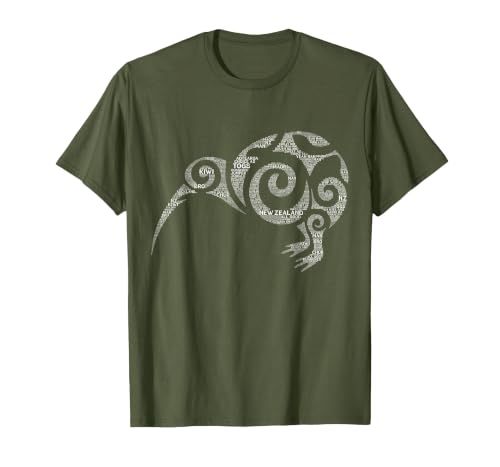 NZ Kiwi Maori Word Art Aotearoa Tribal Bird Icon New Zealand T-Shirt, Men, Olive Green, Small