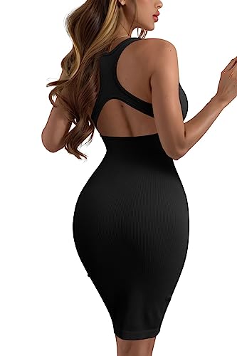 Ioiom Women's Crew Neck Sleeveless Cutout Back Knee Length Bodycon Midi Dress Black M #TOP16