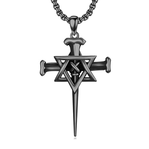 PROESS Star Of David Necklace 925 Sterling Silver Three Nail Cross Pendant Necklace For Women Men Religious Jewish Cross Jewelry, with Stainless Steel Chain 22+2 Inch-Black
