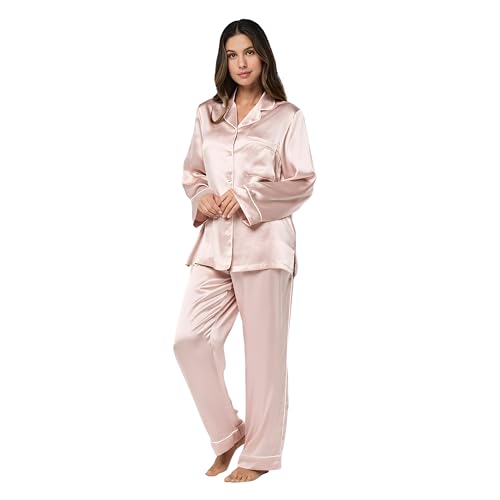 Papinelle Women's Full Length Sylvie Silk Piped Pajama Set - Soft, Classic Button-down Top & Drawstring Waist Pants, Papinelle Pink, Large