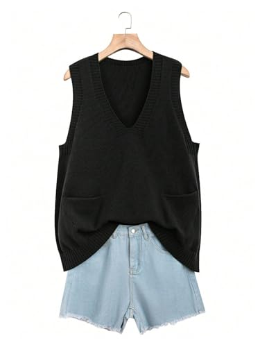 GORGLITTER Women's Plus Size Sleeveless Sweater Dress V Neck Sleeveless Sweater Vest with Pockets4