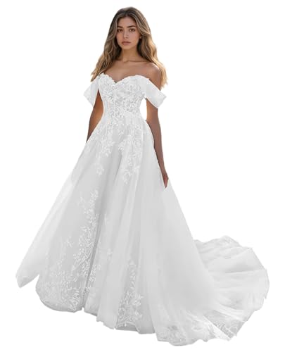 Off Shoulder Tulle Wedding Dresses 2025 A Line Lace Applique V Neck Bridal Gowns with Train for Brides