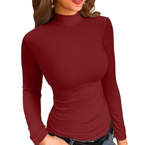 VICHYIE Womens Mock Neck Ribbed Long Sleeve Shirts Fall Slim Fitted Tops New Upgraded Medium Wine Red