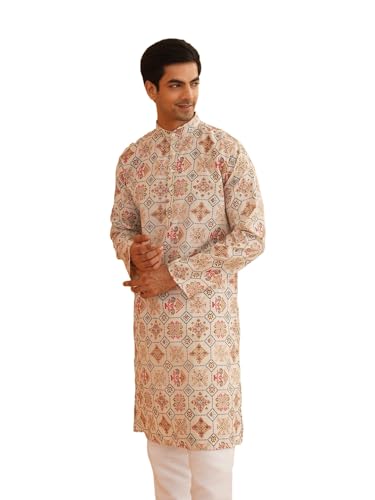 Image of Sojanya (Since 1958 Men'S Cotton Linen Blue Foil Printed Only Long Kurta