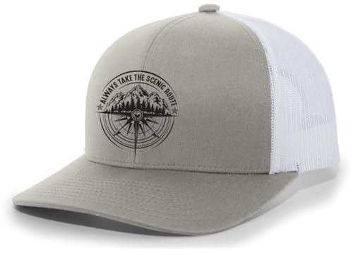 Heritage Pride Mens Classic Always Take The Scenic Route Mountain Compass - Embroidered Trucker Hat, Silver/White, One size