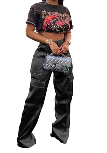 Women Satin Cargo Pants High Waisted Straight Wide Leg Casual Pants Multi Pockets Club Y2k Trousers3