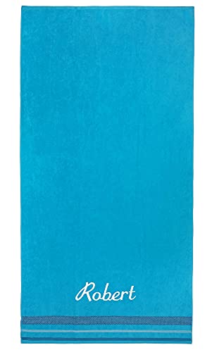 Kaufman - Personalized Oversized, 35" X 70", Solid Color, Velour Super Soft, Beach And Pool Towel, Easy Care, Extra Large, 100% Usa Cotton, Embroidered Name (Turquoise) #TOP1