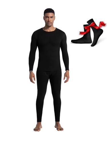 Warm Thermal Underwear Set Mens Base Layer Long Johns Winter Hunting Gear Bottom Leggings Top with Mens Crew Socks