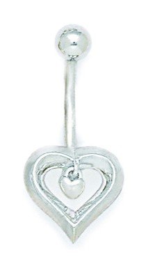 14K White Gold Cz Cubic Zirconia Simulated Diamond 14 Gauge Dangling Love Heart Body Jewelry Belly Ring Measures 28X13Mm Jewelry Gifts For Women #TOP6