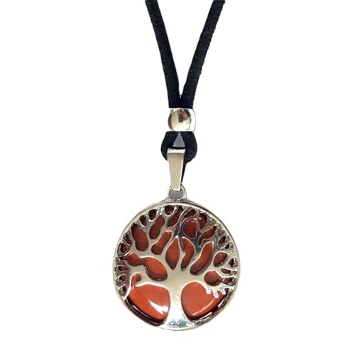 Colgante árbol de la vida, piedra energética natural y zamak bañado en plata. Collar amuleto plata mujer. Piedra curativa de protección. Ideal para regalo. (Jaspe rojo)