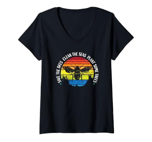 Mujer Diseño de Save The Bees Clean The Seas Plant Some Trees Camiseta Cuello V