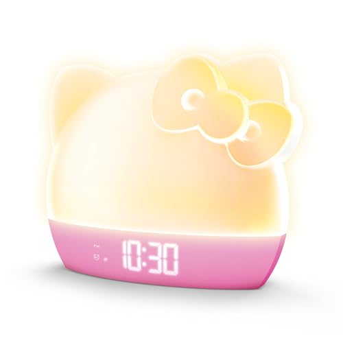 Hello Kitty Sunrise Alarm Clock with Color-Changing RGB LED Night Light Ambient Lighting Time/Date/Temperature Display USB Powered w/Device Charging Pink
