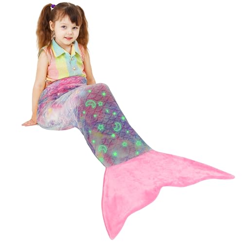 Catalonia Classy Glow in the Dark Mermaids Tail Blanket Soft Warm Plush Fleece Sleeping Bag Cuddly Blanket 155 x 50 cm Fish Scale Pattern Starry Sky
