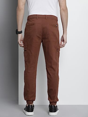 Image of The Indian Garage Co Men Slim Fit Solid Mid-Rise Stretchable Cuffed Cargos