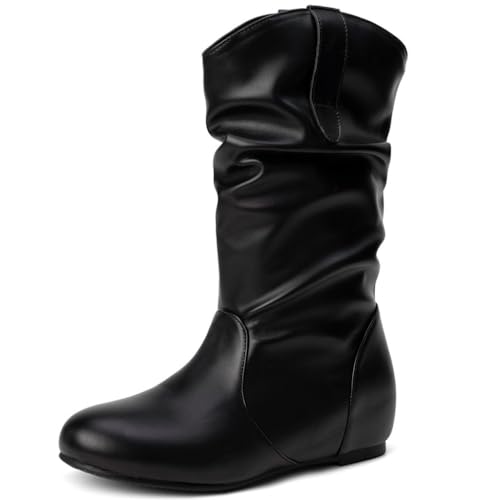 DINTAHA Womens Slouch Flat Boots Mid Calf Flat Boots Low Heel Fall Slouchy Cowgirl Boots