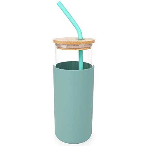 Glass Tumbler with Straw and Lid Tumbler with Bamboo Lid Glass Tumbler with Silicone Sleeve Recycled Coffee Tumbler - 16oz - Mint Green