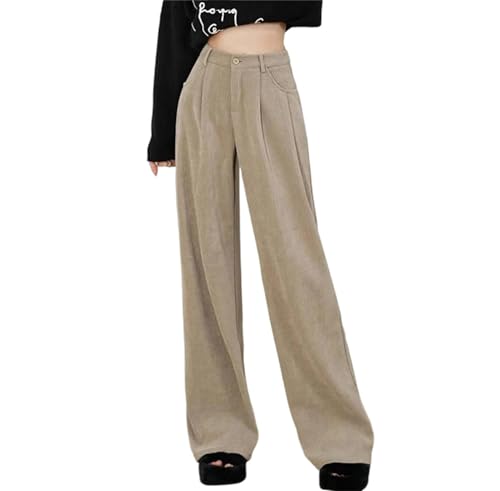 Women's Corduroy High Waist Wide Leg Pants Retro Style Loose Fit Pockets Soft Casual All Match Stretchy Trousers Khaki