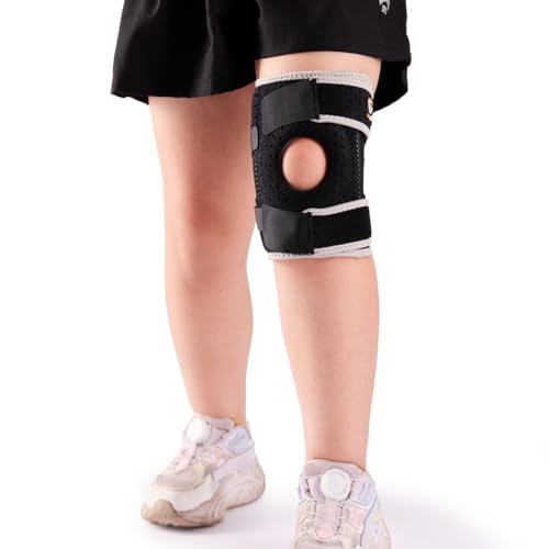 HUEGLO Kids Knee Brace Osgood Schlatter Youth for Knee Pain Adjustable Compression Knee Support with Side Stabilizers for Sports Arthritis Patella Meniscus Tear Acl X-Small Knee Brace for Boys & Girls Black/Gray