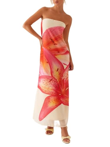Image of Women Floral Graphic Tube Maxi Dress Bodycon Off Shoulder Bandeau Dresses Aesthetic Long Dress Summer Streetwear(Floral Orange,M)