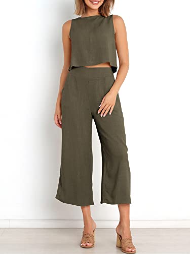 Image of ANRABESS Women's Summer 2 Piece Outfits Sleeveless Tank Crop Button Back Top Cropped Wide Leg Pants Set Pockets