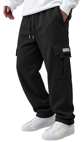 HUNGSON Mens Cargo Sweatpants Drawstring Casual Hiking Pants Joggers Athletic Trousers Cotton Loose Straight Pants for Men Black