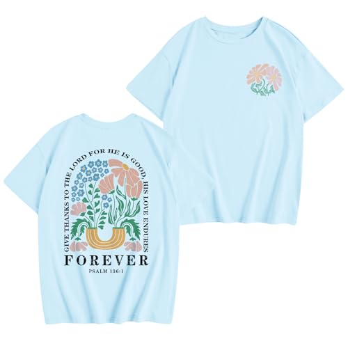 Fkatuzi Girls Christian Jesus Shirts for Kids God Faith Bible Verse Religious Graphic Tees Cute Flower Tshirt Cotton Tops(Light Blue,11-12 Years)
