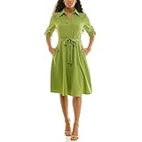 Sharagano Women's Button Front Pleated Shirt Casual Dress, Peridot, 4