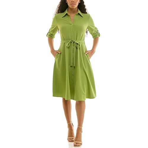Image of Sharagano Women's Pleated Shirt Dress - 3 /4 Sleeve, V-Neck, Gold Buttons