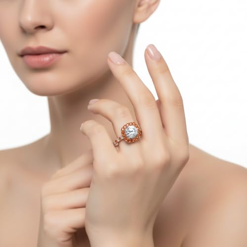 Image of Choose Your Gemstone Round Diamond CZ Square Halo Ring Rose Gold Plated Round Shape Petite Engagement Rings Matching Jewelry Wedding Jewelry Easy to Wear Gifts US Size 4 to 12
