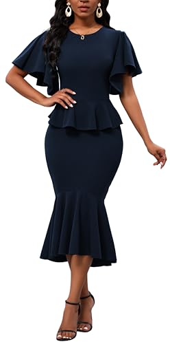Image of Womens Summer Ruffle Short Sleeve Fishtail Dress Evening Cocktail Formal Peplum Midi Mermaid Dresses Elegant