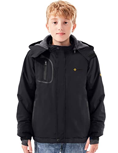 Gemyse Boy's Waterproof Ski Snow Jacket Fleece Windproof Winter Jacket With Hood (Black,10/12) #TOP3
