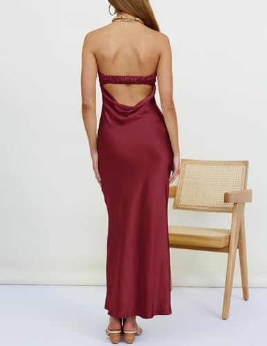 Image of MEROKEETY Women's Summer Satin Strapless Bodycon Dress 2026 Backless Tube Wedding Guest Cocktail Formal Party Maxi Dresses