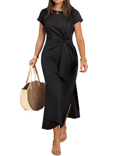 ANRABESS Womens Summer Maxi Dress Casual Crew Neck Tie Waist Split Wrinkle-Free Fit Long Fashion Vacation Dresses 2026 Spring Black Large