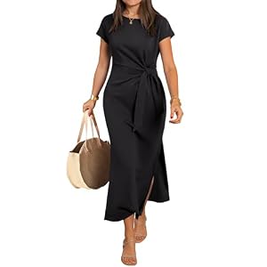 ANRABESS Womens Summer Maxi Dress Casual Crew Neck Tie Waist Split Wrinkle-Free Fit Long Fashion Vacation Dresses 2026 Spring