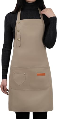 Image of Zollyss Adjustable Canvas Cotton Apron with Large Pockets, Waterproof Bib Apron for Cooking and Kitchen, Beige