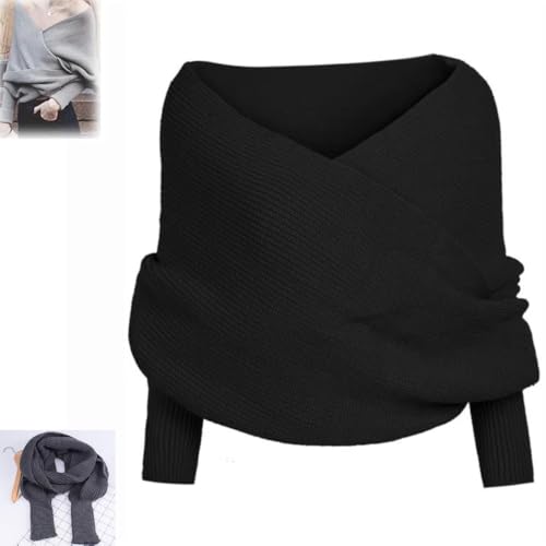 Sciarpa lavorata a maglia con maniche, donna maglione lavorato a maglia, sciarpa, scialle nevicata con maniche, sciarpa calda unisex autunno inverno sciarpa (Black)