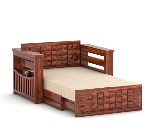 Image of Sheesham Wooden 2 Seater Sofa Cum Bed with Mattresses for Home Living Room | Rosewood 2 Seater Sofa Cums Bed for Bedroom Without Pillow | Solid Wood Sofa Bed (Honey DB, 2 Seater)
