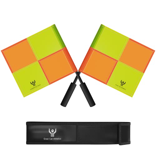 Great Call Athletics | Soccer Referee Flag Pro Set With Case | Water Proof Assistant Linesman Yellow Orange Checker Style