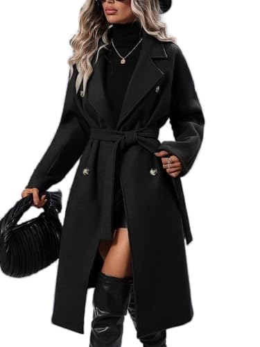 Soulolo Damen Wollmantel Lang Warm Damen Trenchcoat Reverskragen Winter Mantel Revers Zweireihiger Vintage Einfarbig mit Gürtel Outwear Herbst Winter Jacke